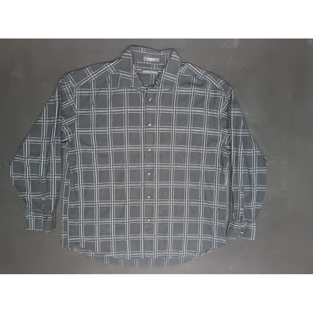 Geoffrey Beene Mens L Button Up Black Plaid‎ Long Sleeve Shirt A7004